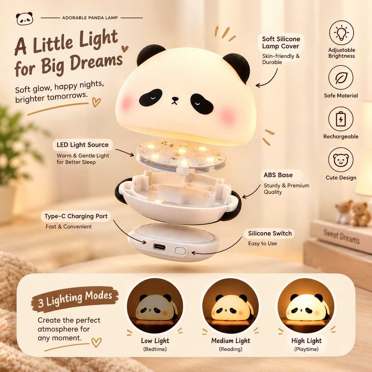 Cute Panda Squishy Night Light – Soft Silicone LED Lamp for Kids